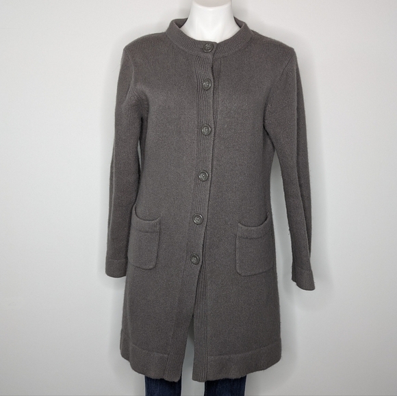 Garnet Hill grey lambs wool angora nylon blend button up long cardigan sweater L - Picture 1 of 8